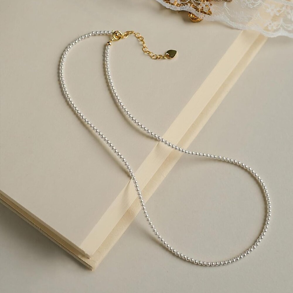 Pearl Dainty Necklace Sterling Silver 4mm White Pearls Adjustable for Women - Picture 2 of 7